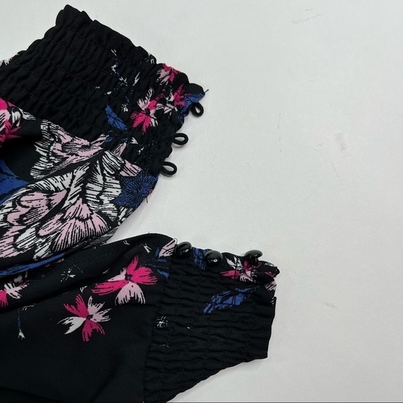 NANETTE LEPORE Black Mystic Blue Floral Smocked Mock Neck Chiffon High-Low Dress - Picture 11 of 16